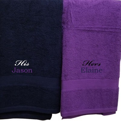 His Hers Couples Towel Set Two Piece Personalized Embroider Names Mr Mrs and Heart (Navy Blue Purple)
