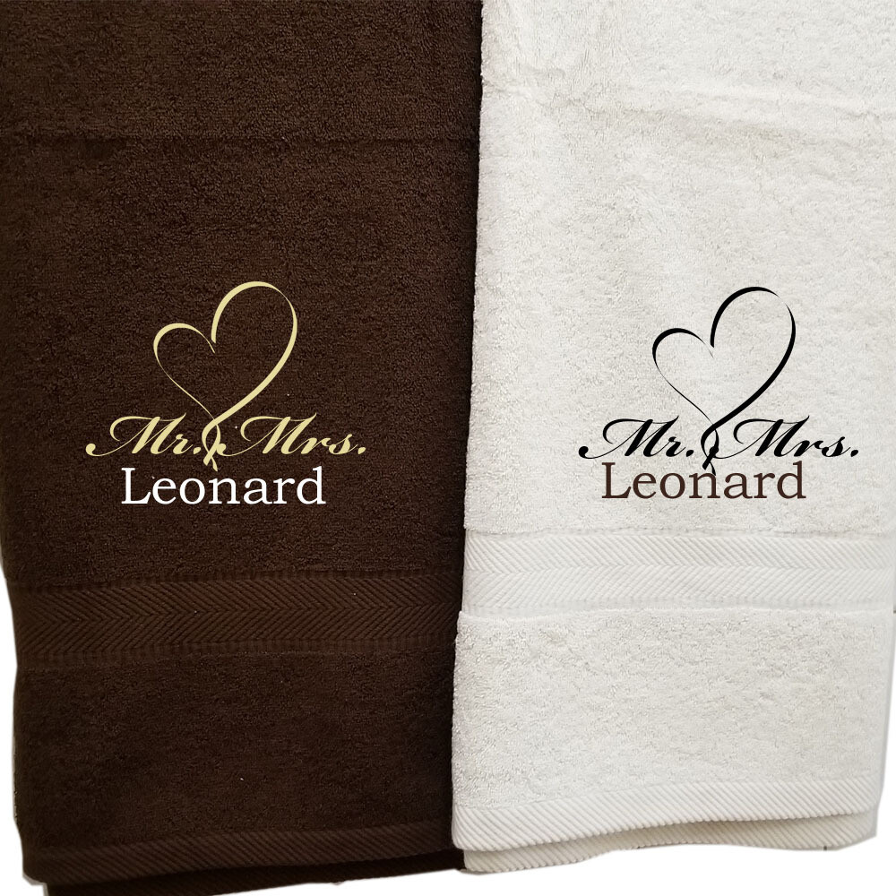 Mr Mrs Couples Towel Set Two Piece Personalized Embroider Names Mr Mrs and Heart (Brown White)