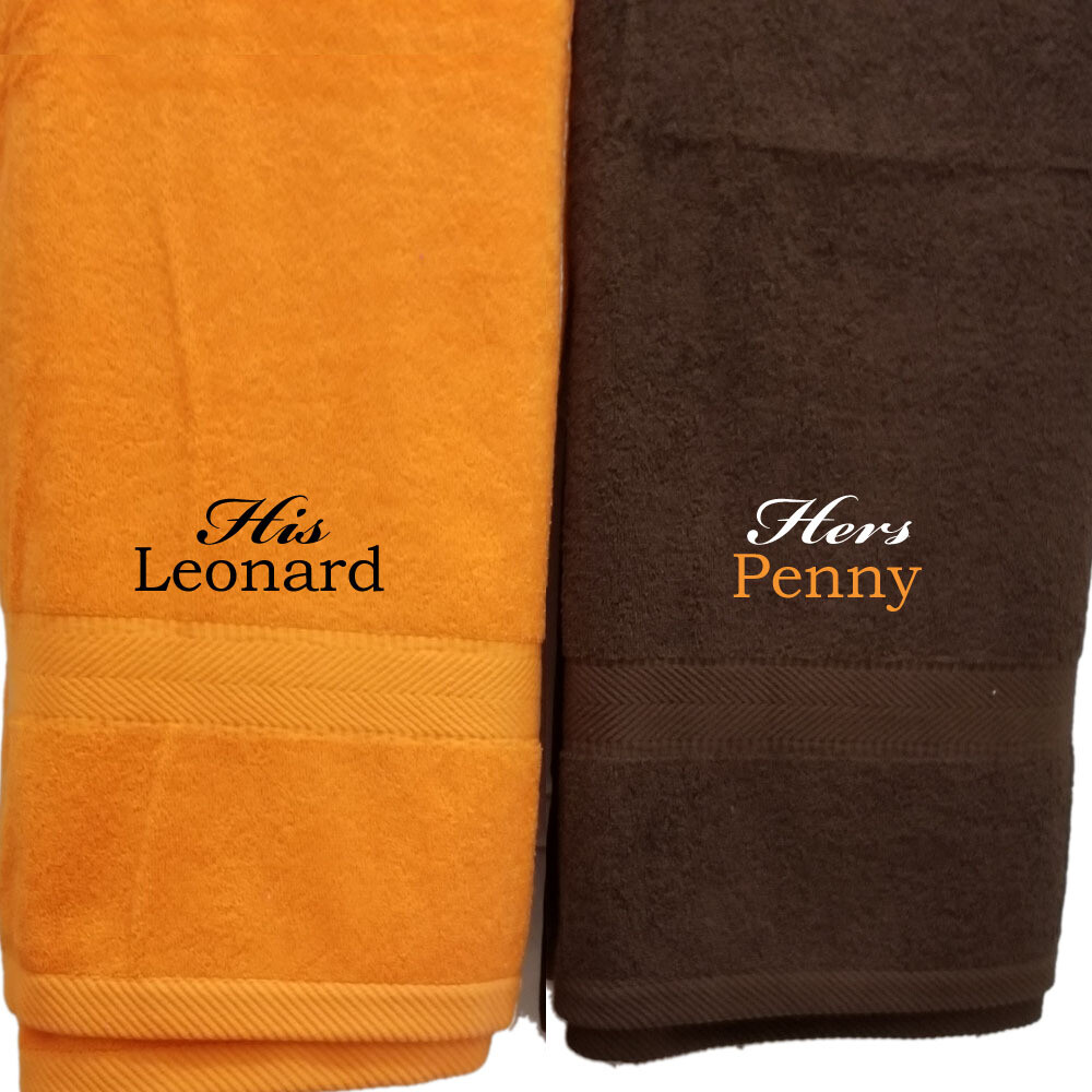 His Hers Couples Towel Set Two Piece Personalized Embroider Names Mr Mrs and Heart (Orange Brown)