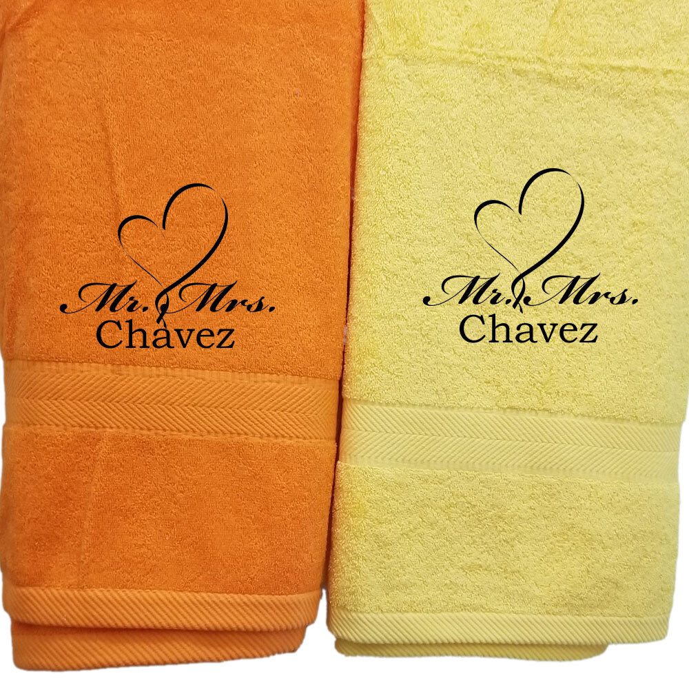 Mr Mrs Couples Towel Set Two Piece Personalized Embroider Names Mr Mrs and Heart (Orange Yellow)