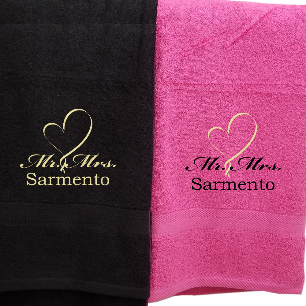 His Hers Couples Towel Set Two Piece Personalized Embroider Names Mr Mrs and Heart (Black Pink)