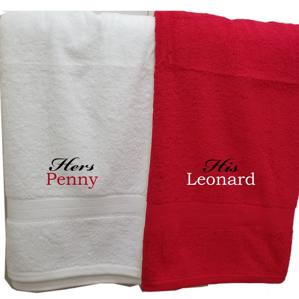 His Hers Couples Towel Set Two Piece Personalized Embroider Names Mr Mrs and Heart (White Red)