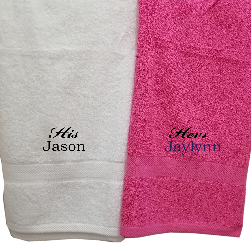 His Hers Couples Towel Set Two Piece Personalized Embroider Names Mr Mrs and Heart (White Pink)