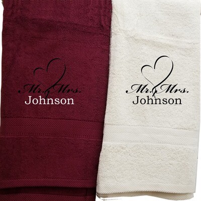 Mr Mrs Couples Towel Set Two Piece Personalized Embroider Names Mr Mrs and Heart (Burgundy White)