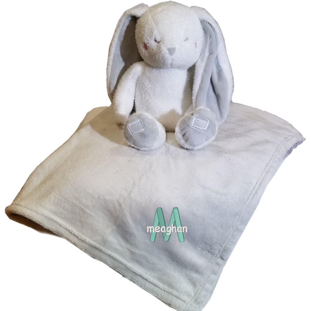 Personalized Kids Blanket Bunny Plush Two Piece Set Name Embroidered Grey Throw 30 x 40