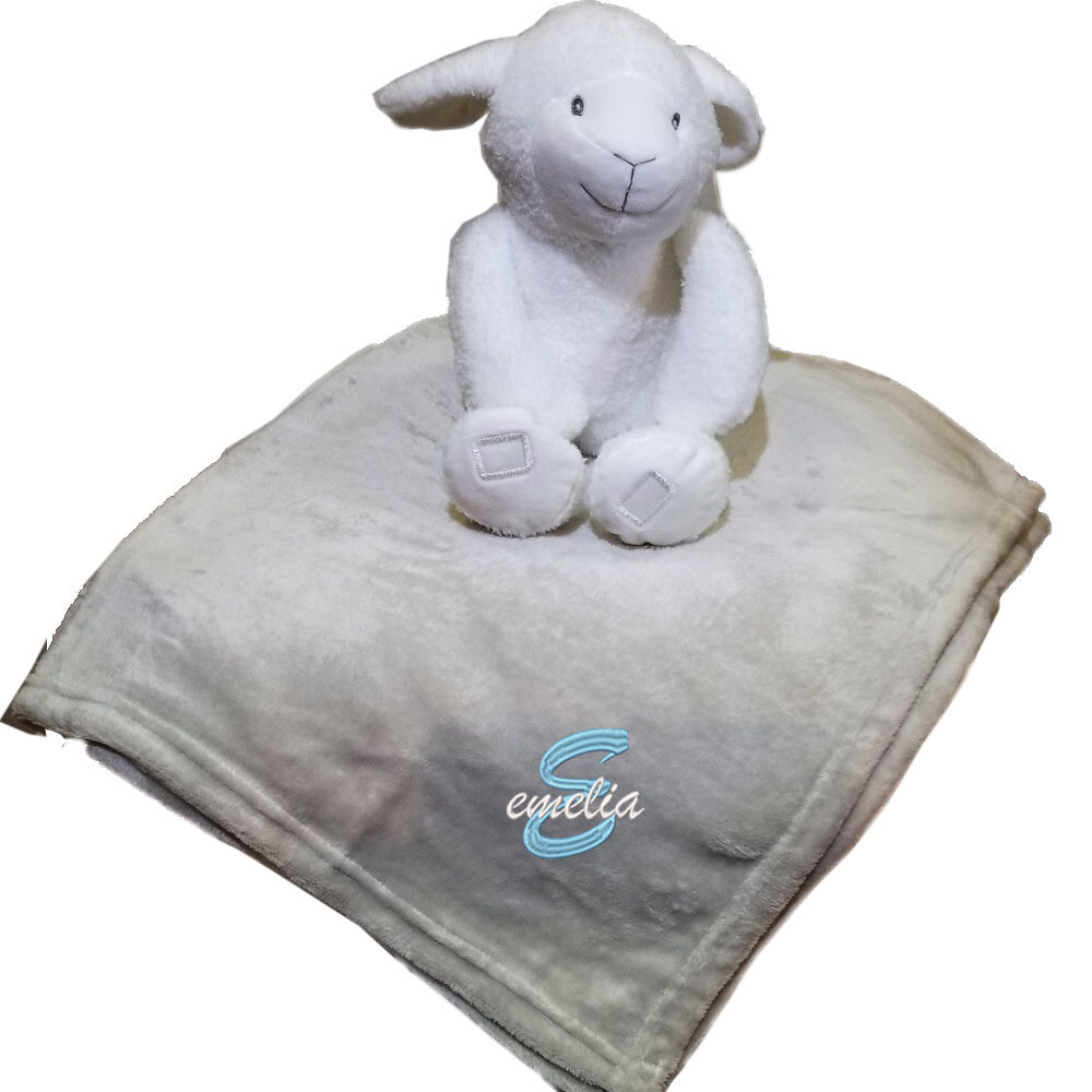 Personalized Kids Blanket Lamb Plush Two Piece Set Name Embroidered Grey Throw 30 x 40