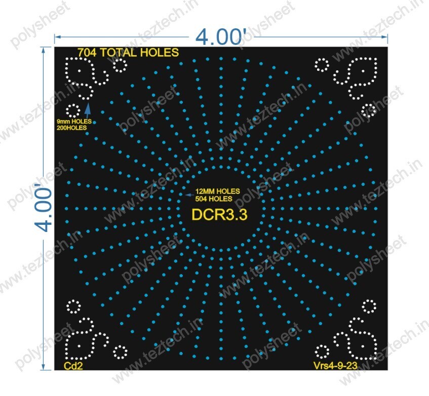 DCR3.3 4X4 FT DESIGNER CIRCLE  CORNER =200 9mm OTHER CIRCLE = 12X36 HOLES 12mm, OTHER HOLES= 72 12mm, TOTAL HOLES=704