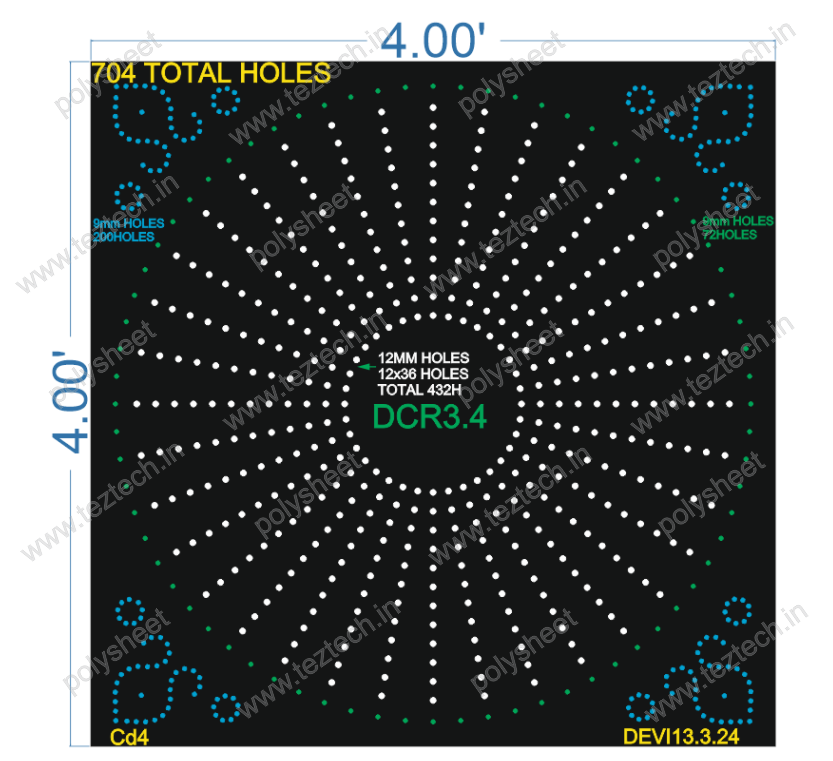 DCR3.4  4X4 FT DESIGNER CIRCLE  CIRCLE1=12X36 CORNER =200 OTHER HOLES= 72, TOTAL HOLES=704