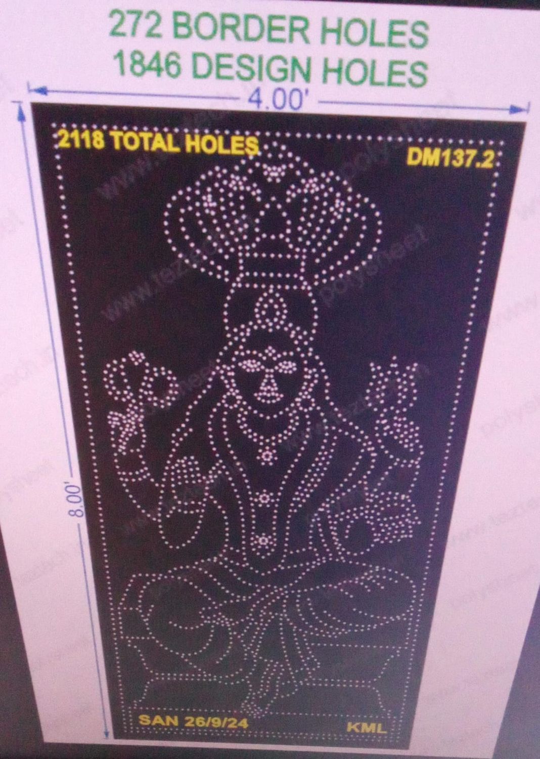 DM137.2 DEVI MATA 8X4 FEET 1846 DESIGN HOLES, 272 BORDER HOLES, 2118 TOTAL HOLES