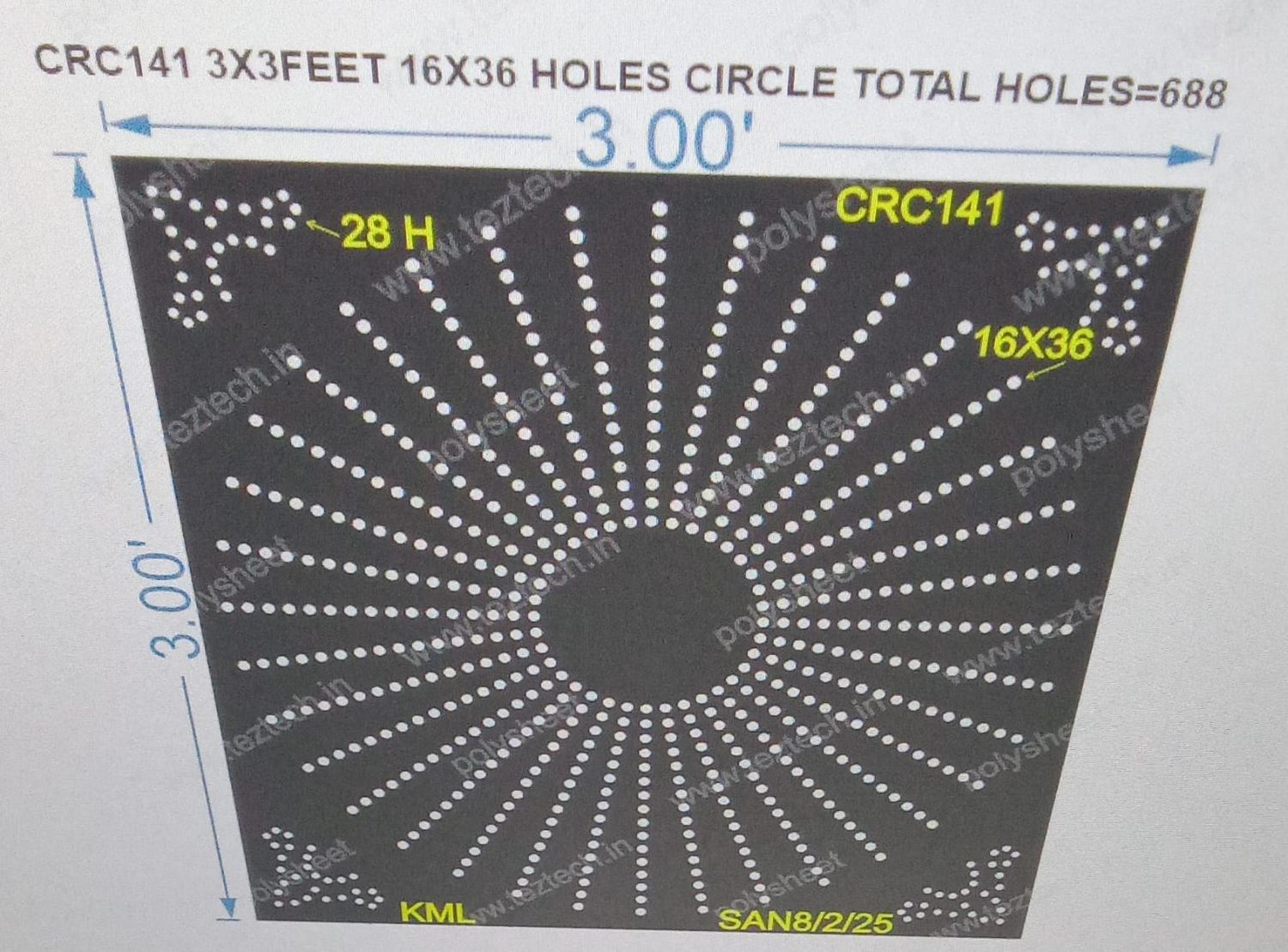 CRC141 CIRCLE WITH CORNER DESIGN  1 PART 3X3 FEET 688 HOLES