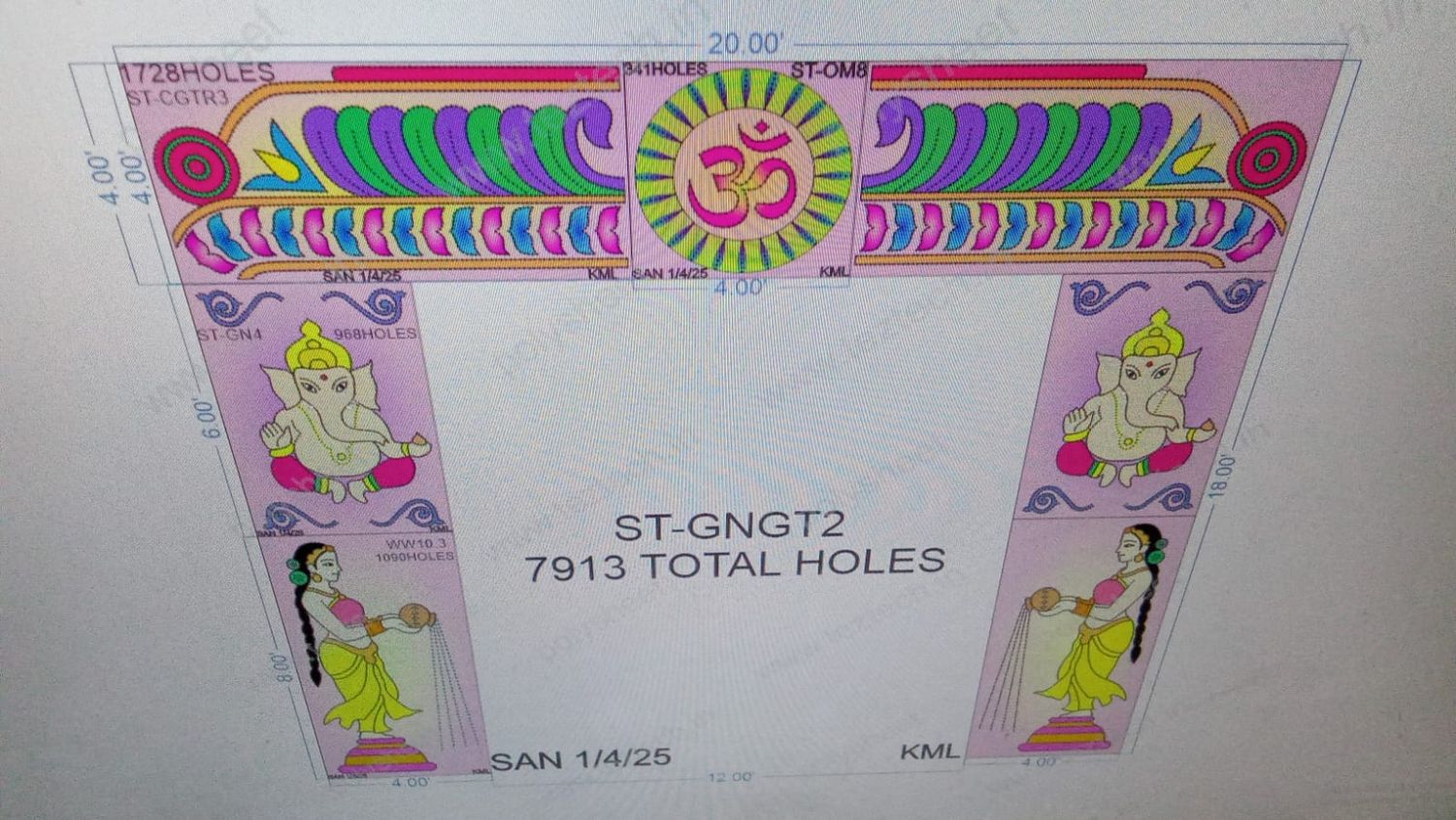 ST-GNGT2 STICKER DESIGNER GATE TOTAL FEET = 18X20 (7 PARTS 4X4,8,6,8 FEET PER PART) TOTAL HOLES = 7913