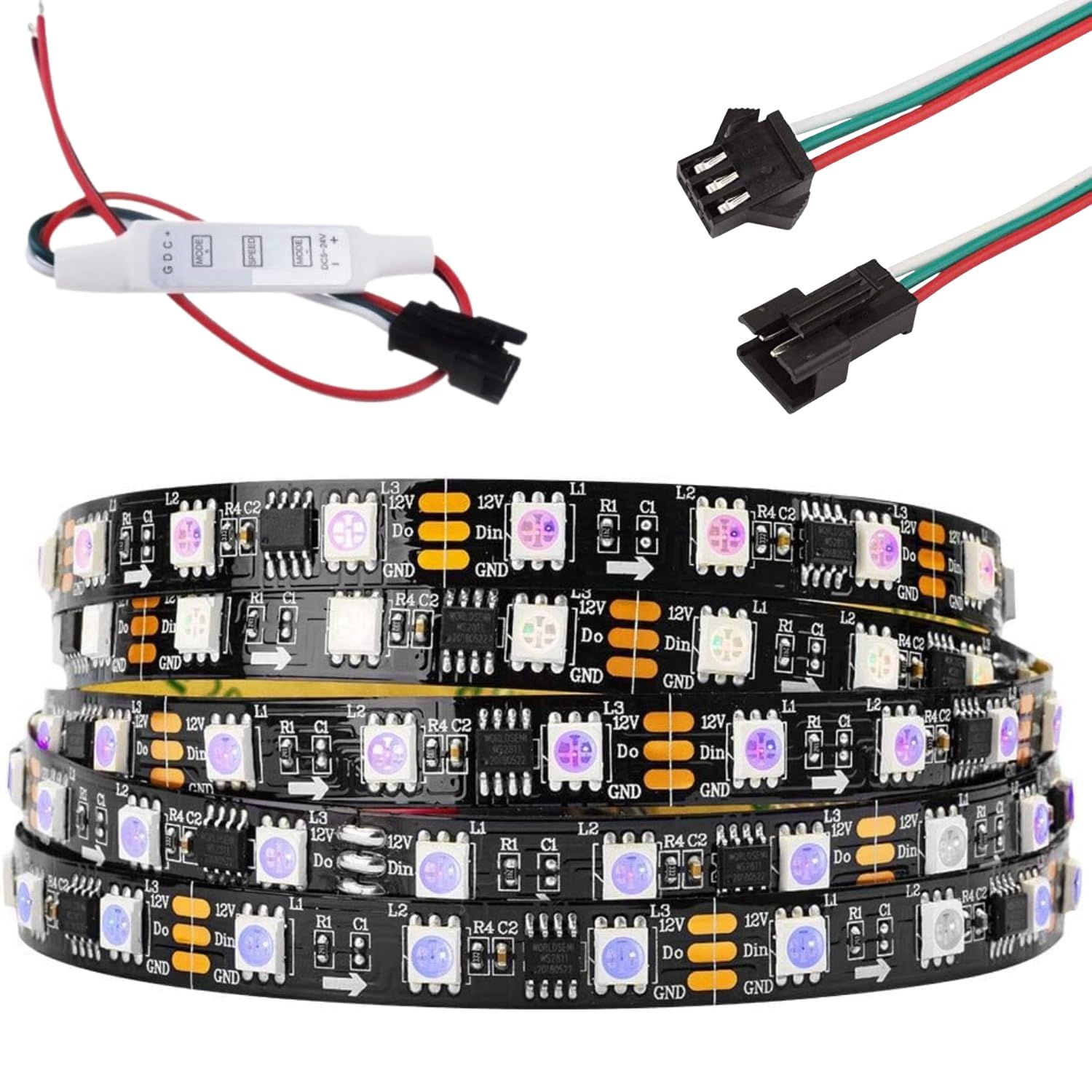 Ws2811 12V RGB Addressable Pixel Led Strip | 60 Led/1M | 5 Meter Roll | Complementary 1 Pair 3 Pin Connector and 12v LED Controller