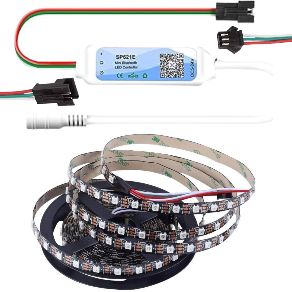 Ws2812b 5V RGB Individually Addressable Pixel Led Strip | 60 Led/1M | 5 Meter Roll | Complementary 1 Pair 3 Pin Connector and SP621E 5v 600 LED Controller