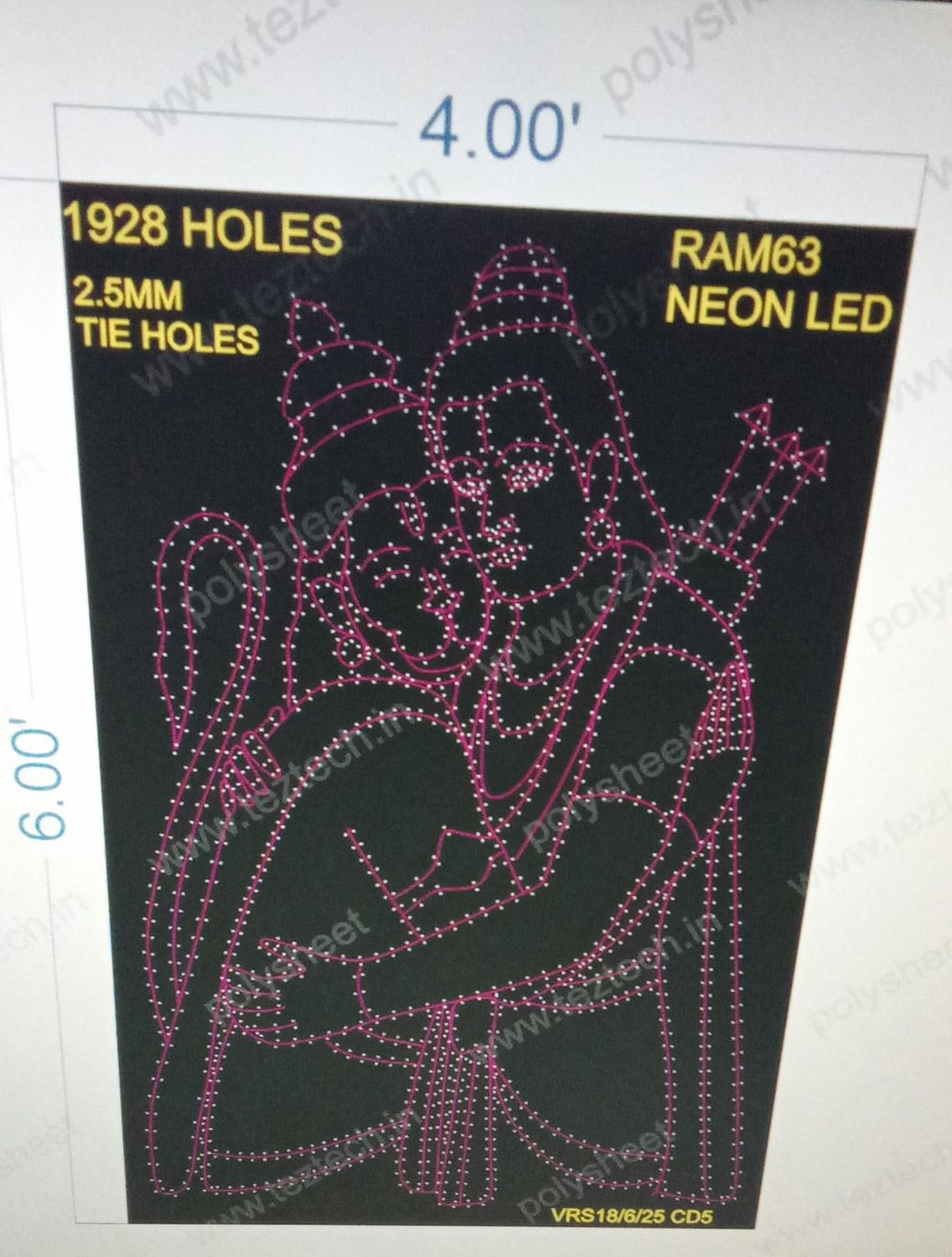 RAM63 NEON LED RAM AND HANUMANJI 1 PART 6X4 FEET 1928 HOLES