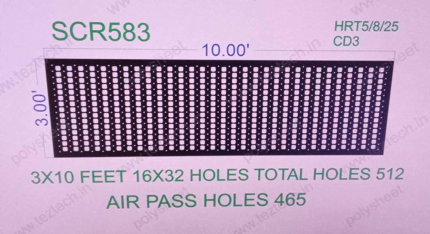 SCR583  SCREEN SHEET  3X10   FEET 16X32  HOLES SCREEN TOTAL HOLES= 512 AIR PASS HOLE 465