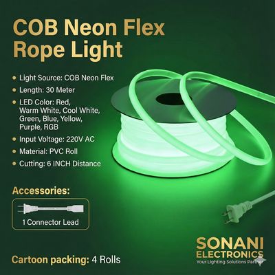 COB LED Strip Lights Outdoor Waterproof 30 METER , Green Super Bright 200W LED Rope Light, IP65 Flexible Cuttable