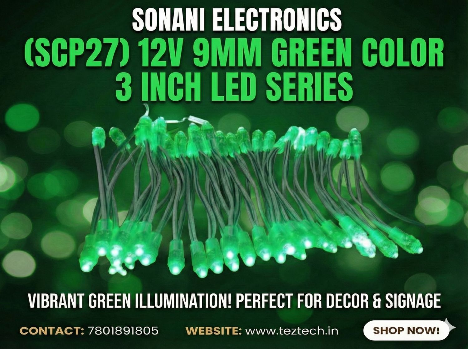 (SCP27) 12V 9MM GREEN COLOR 3 INCH LED SERIES