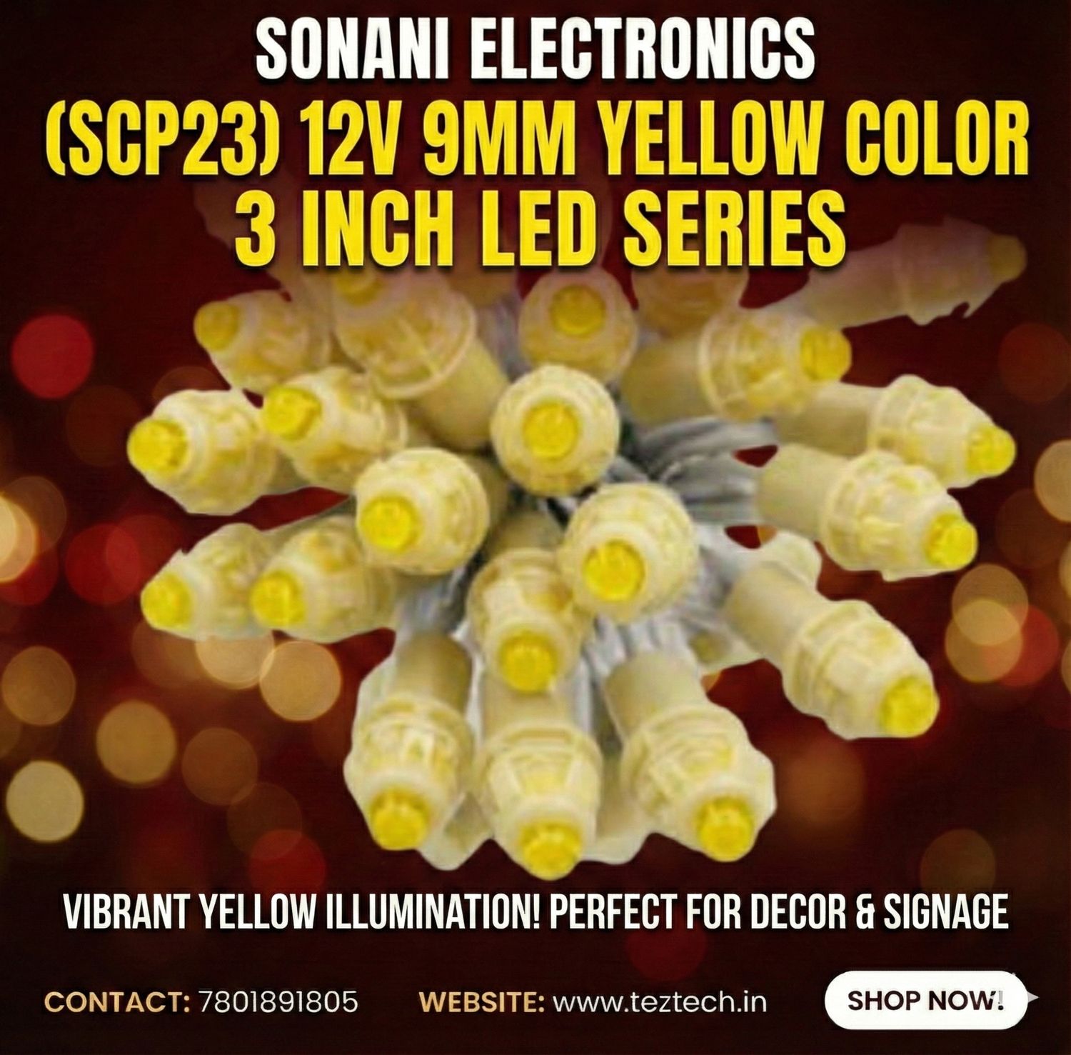 (SCP23) 12V 9MM YELLOW  COLOR 3 INCH LED SERIES