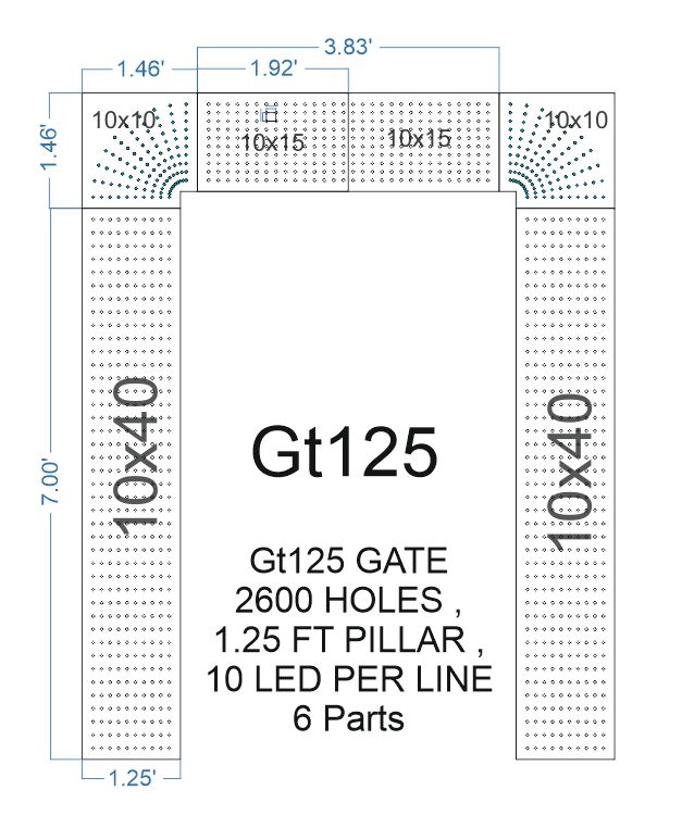 GT125 GATE 2600 HOLES , 1.25 FT PILLAR , 10 LED PER LINE , 6 Parts