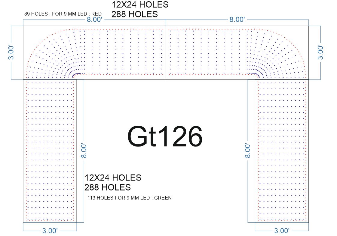GT126 GATE 1,556 HOLES , 3 FT PILLAR , 12X24 HOLES = 88 HOELS PER PART , 4 PARTS WITH BORDER HOLES FOR 9 MM LED