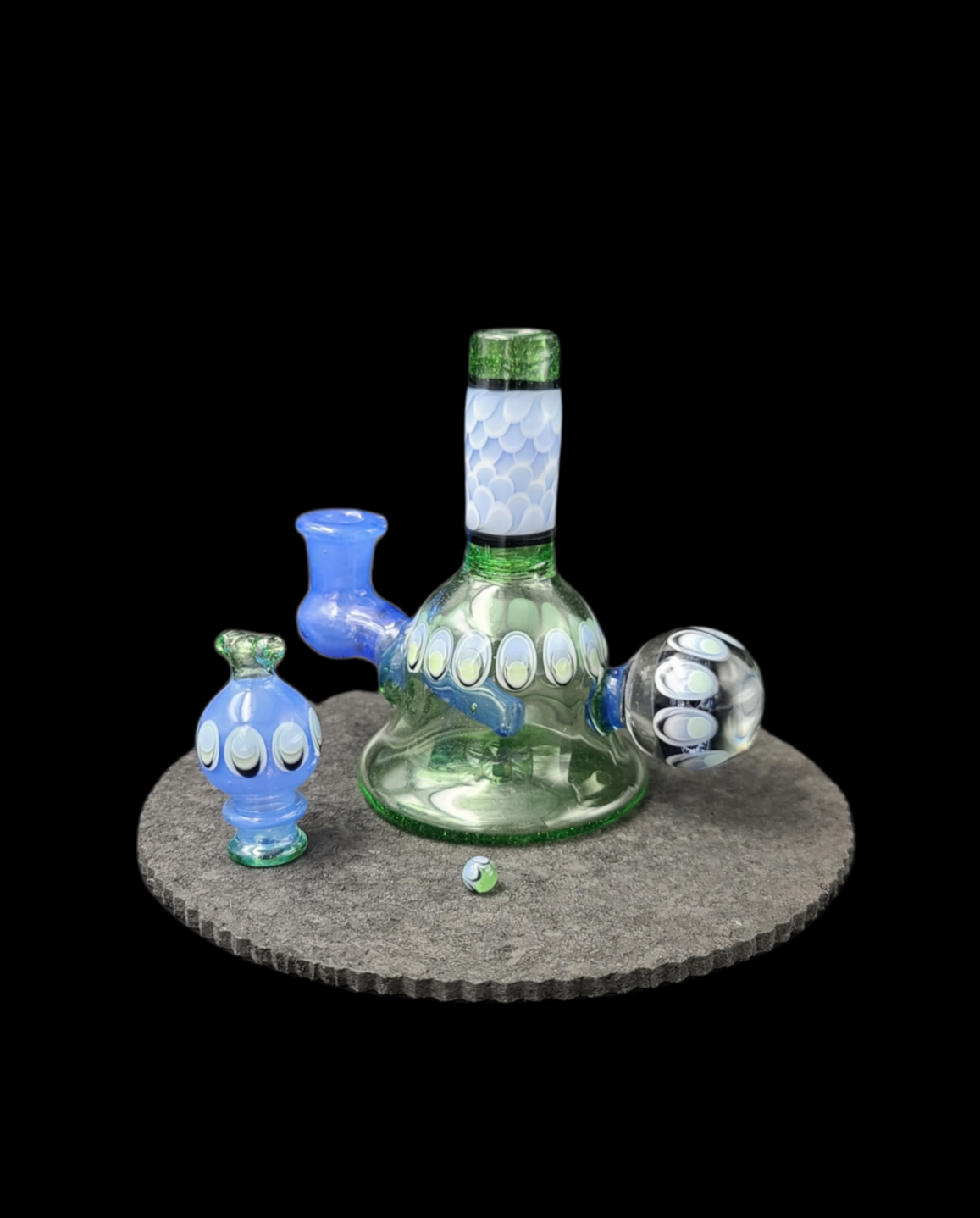 Natrix Glass (AZ) Dot Stack Rig w. Matching Cap & Terp Pearl - Green Rig w Baby Blue/White/Black