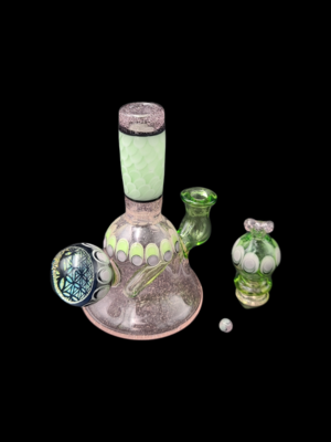 Natrix Glass (AZ) Dot Stack Rig w. Matching Cap & Terp Pearl - Pink Rig w Pink/Green/White