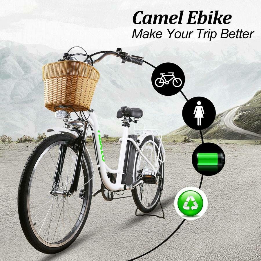 NAKTO City Electric Bicycle Women 26&quot; CAMEL White with Plastic Basket