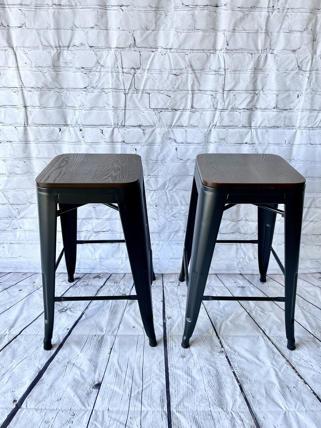 Black Industrial COUNTER Stool w/ Wooden Seat - Set Of 2