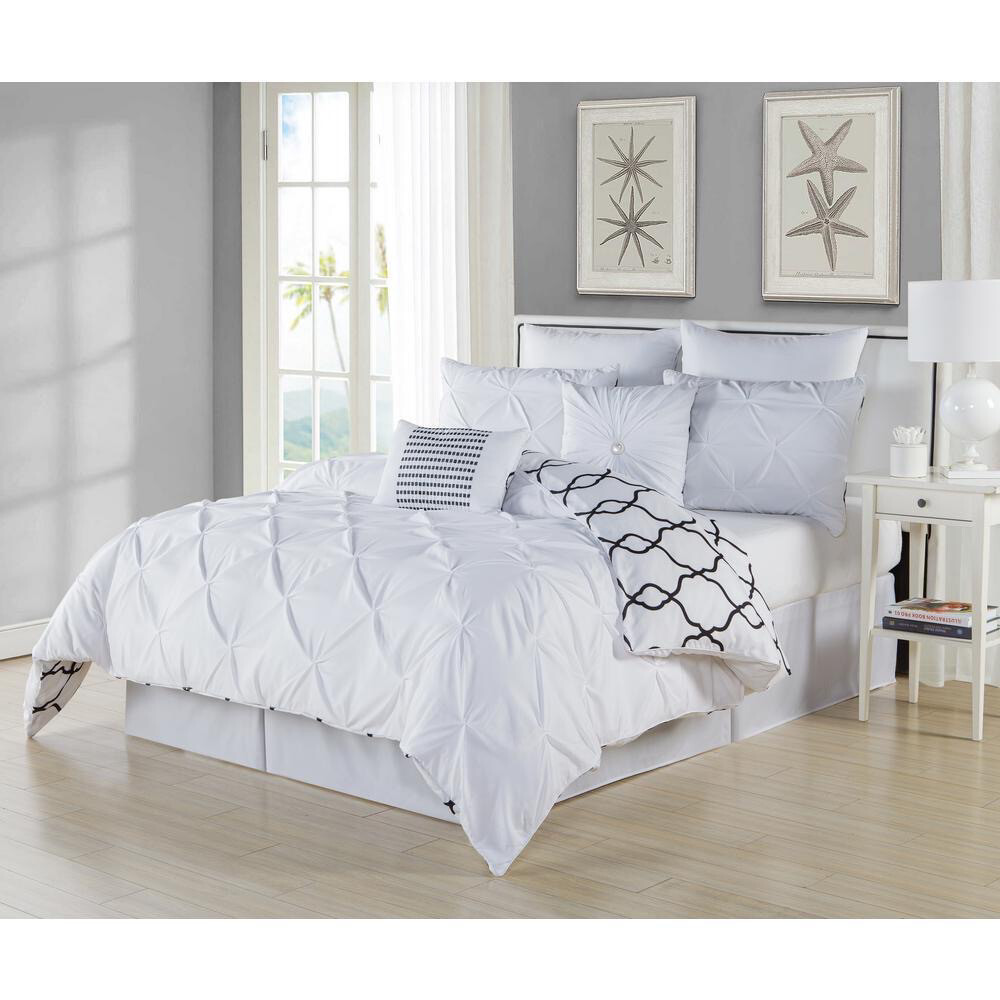 Queen Bedding - White Pleated Comforter w/ 2 Plain White Cases