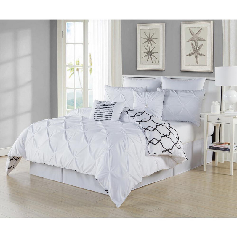 Queen Bedding - White Pleated Comforter w/ 2 Plain White Cases