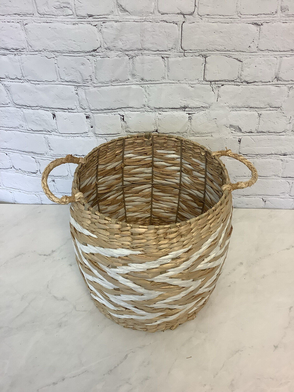 White Striped Wicker Floor Basket