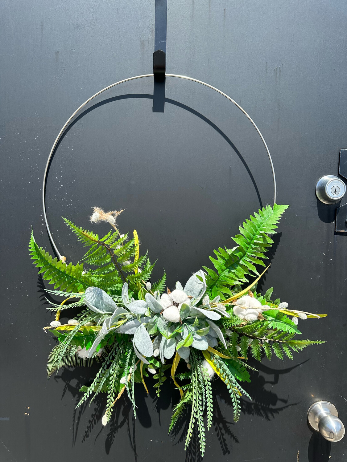 Large Cotton & Greenery Wreath w/ Silver Ring