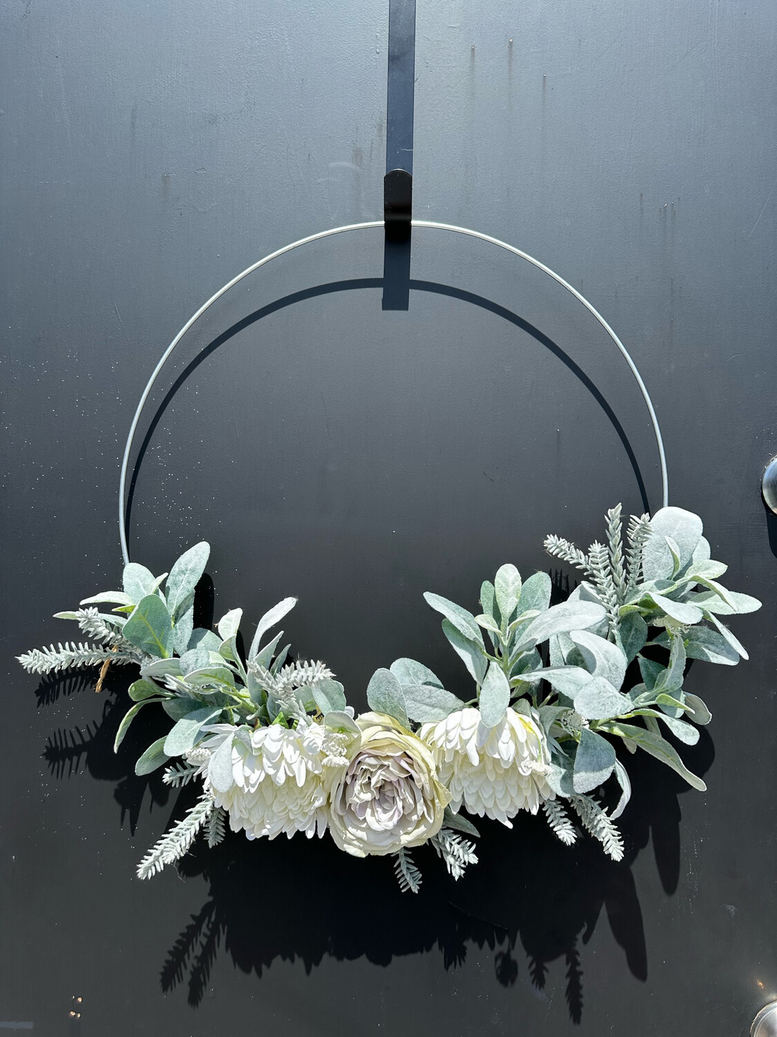 Large White Flowers & Greenery Wreath w/ Silver Ring