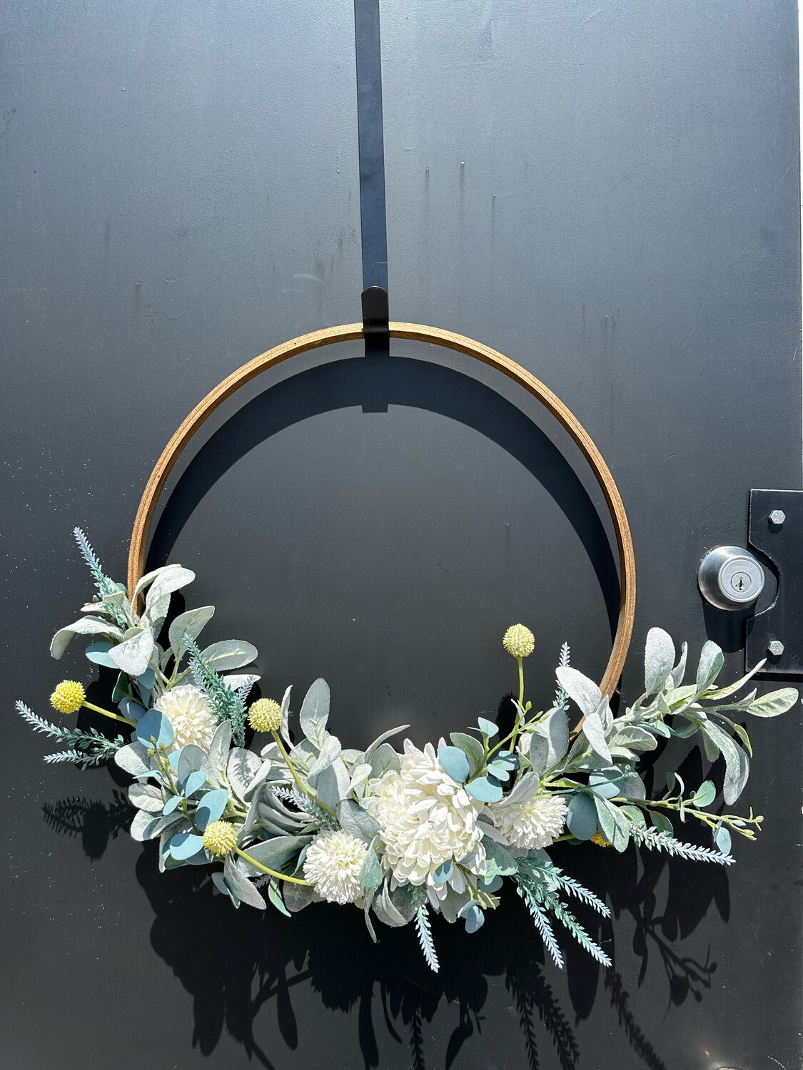 Large White Flowers & Greenery Wreath w/ Wooden Ring