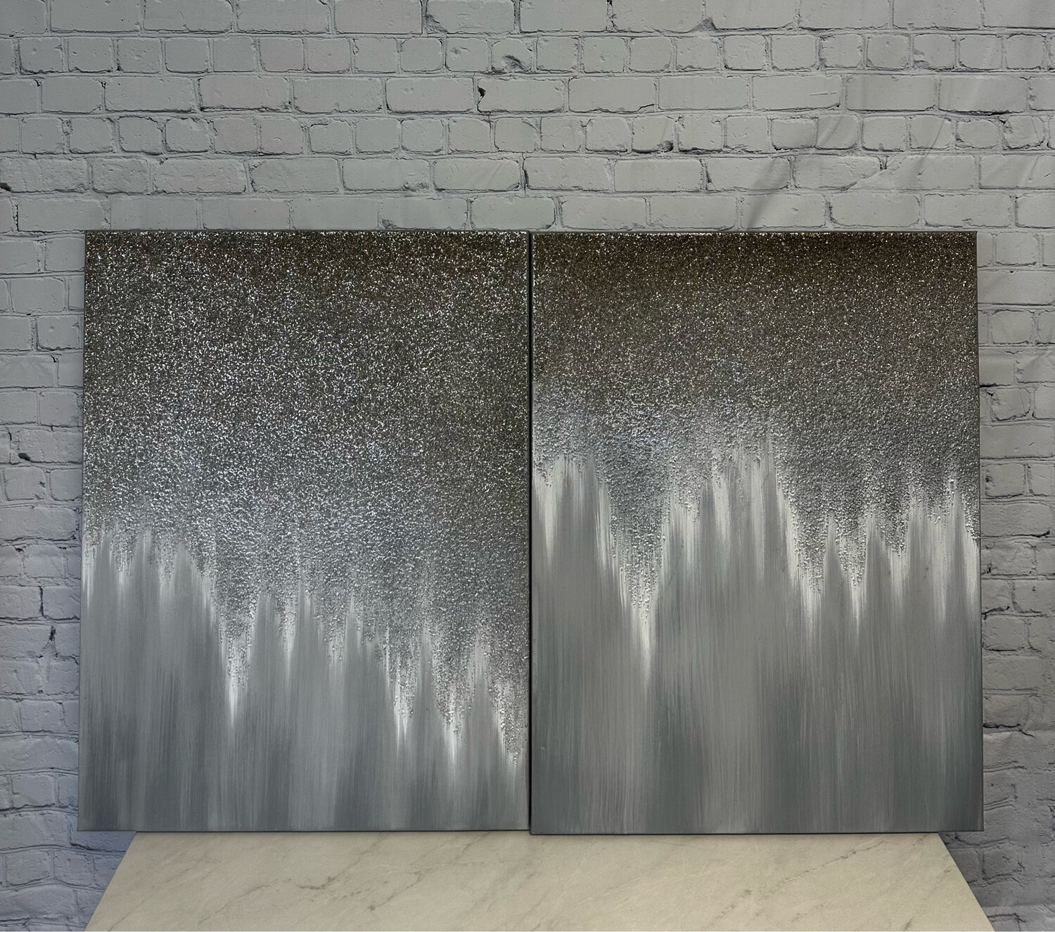 Silver/Grey Glitter Textured Canvas - Set Of 2