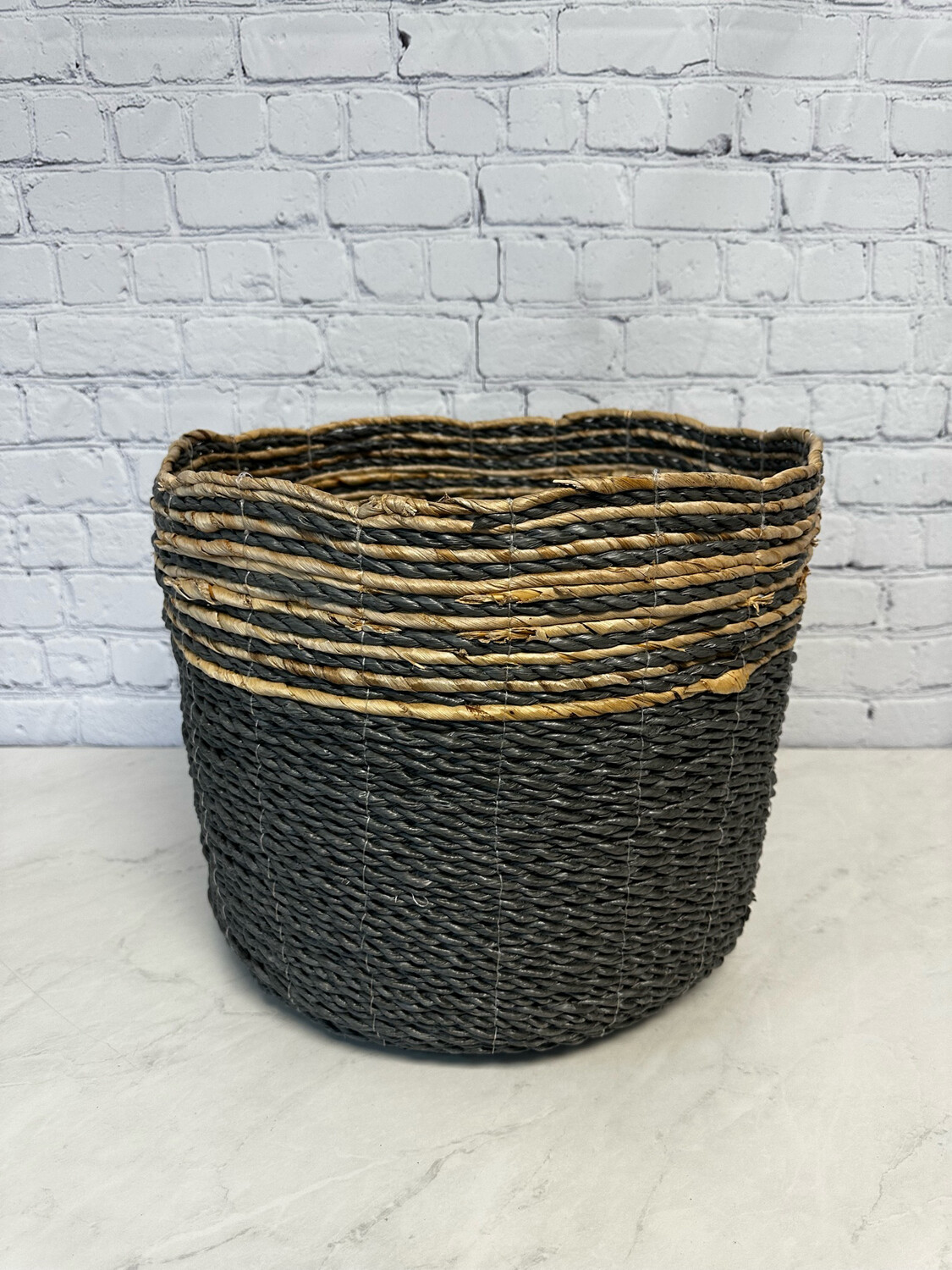 Grey Striped Wicker Floor Basket