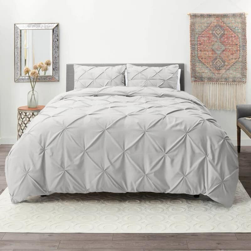 Queen Bedding - Light Grey Pleated Comforter w/ 2 Cases