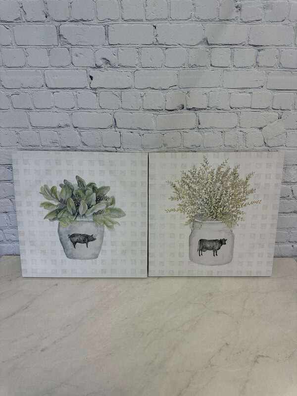 Pig & Cow Plant Canvas - Set Of 2