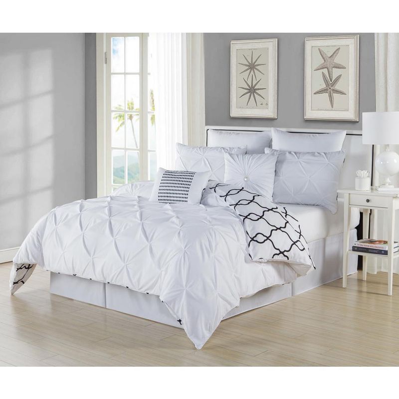 Queen Bedding - White Pleated Comforter w/ 2 King Pleated White Cases