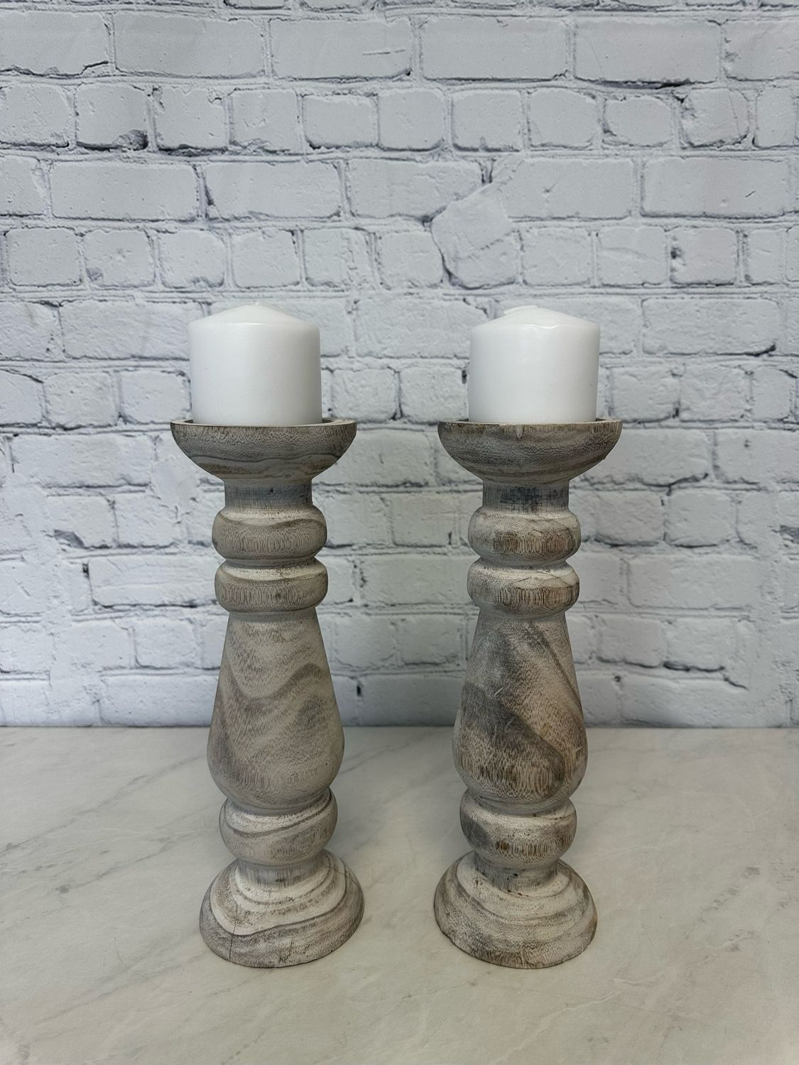 White & Grey Wooden Candle Holder - Set Of 2