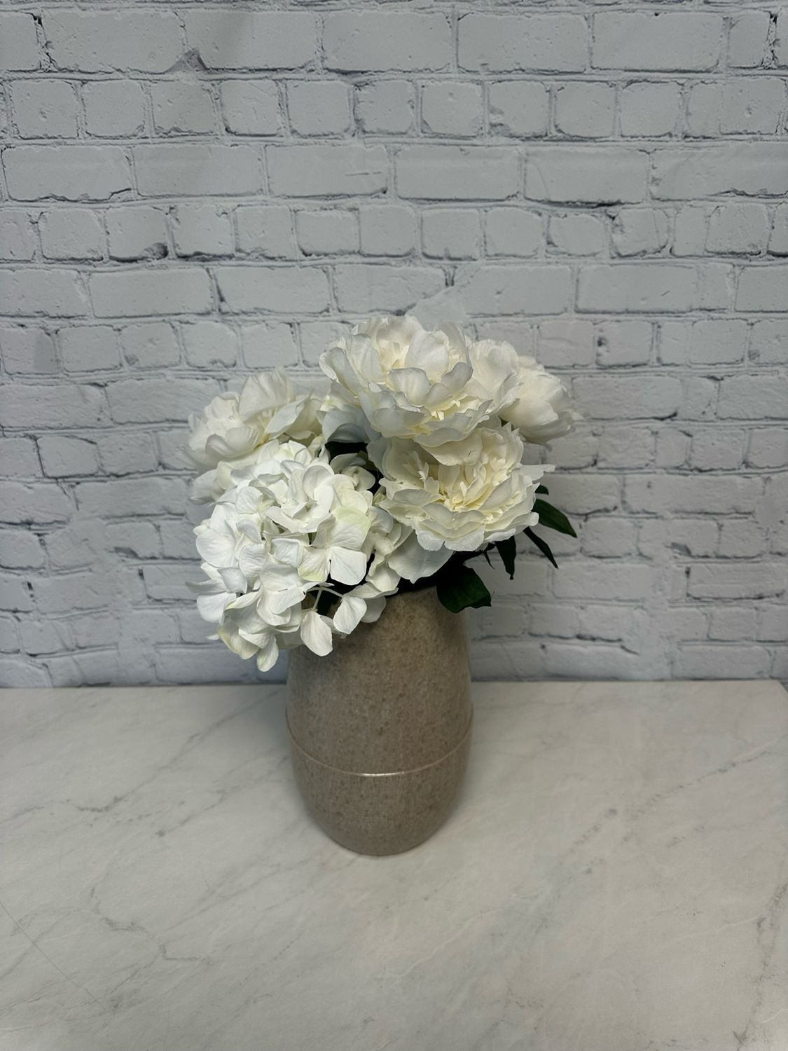 Beige Stone Vase w/ White Hydrangeas & Roses