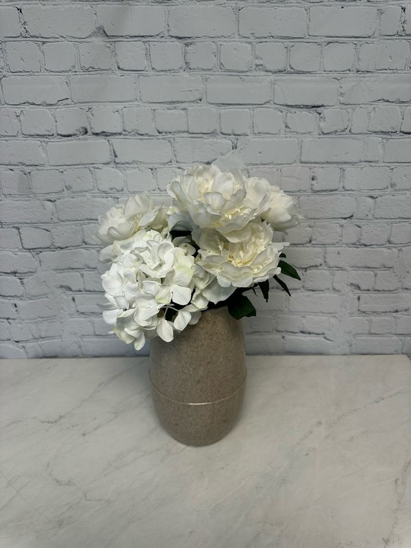 Beige Stone Vase w/ White Hydrangeas & Roses