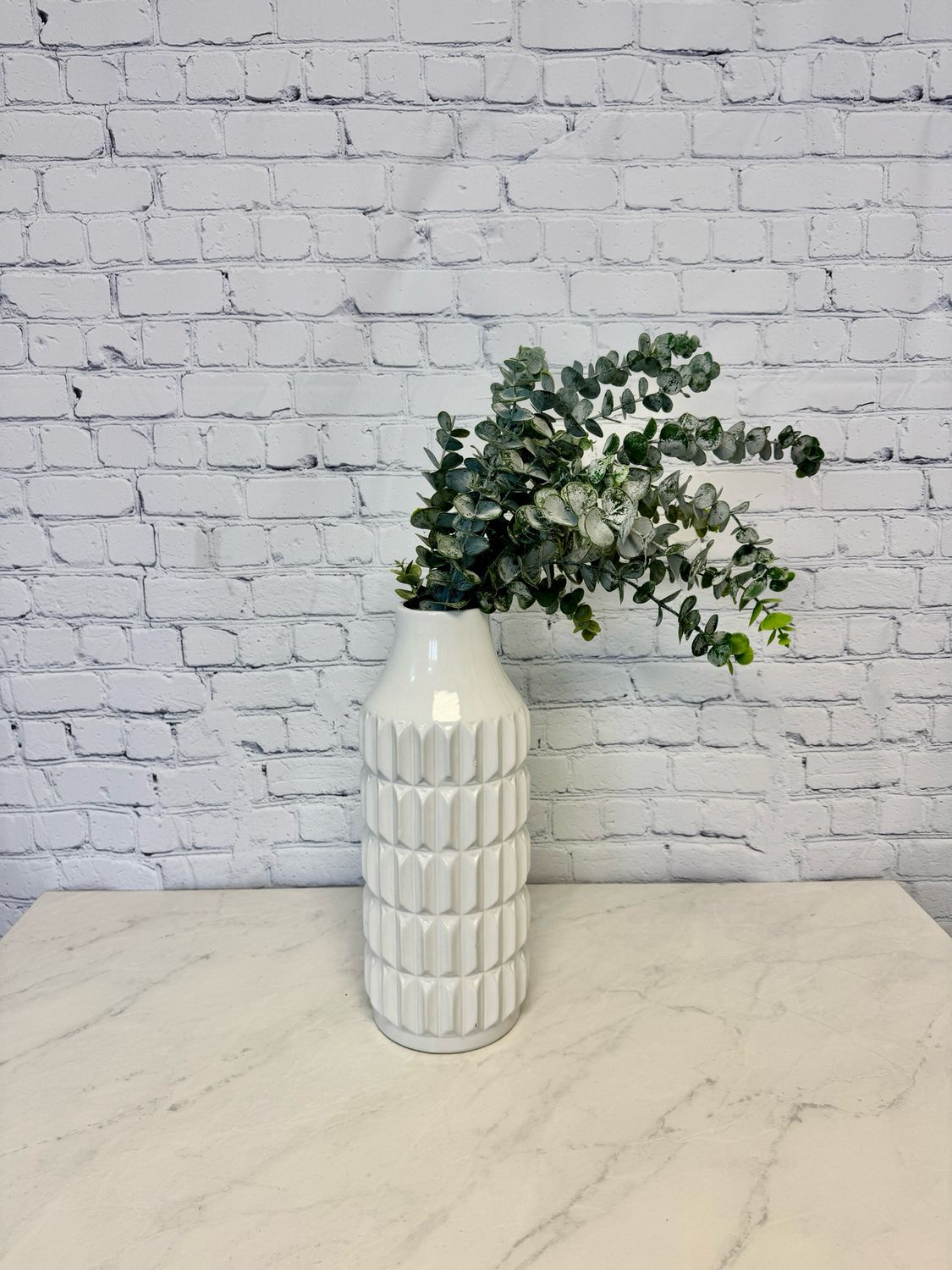 Large White Decorative Vase W/ Eucalyptus