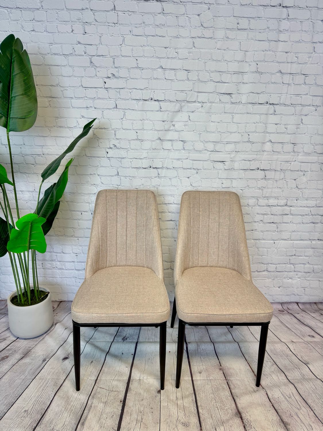Sand Fabric Dining Chairs W/ Black Metal Legs- Set Of 6