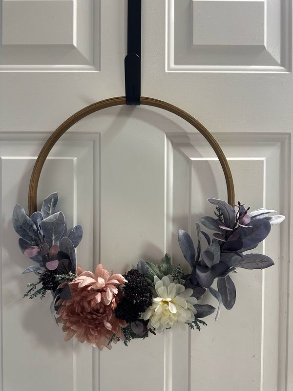 Medium Pink/Purple Flowers & Greenery Wreath w/ Wooden Ring