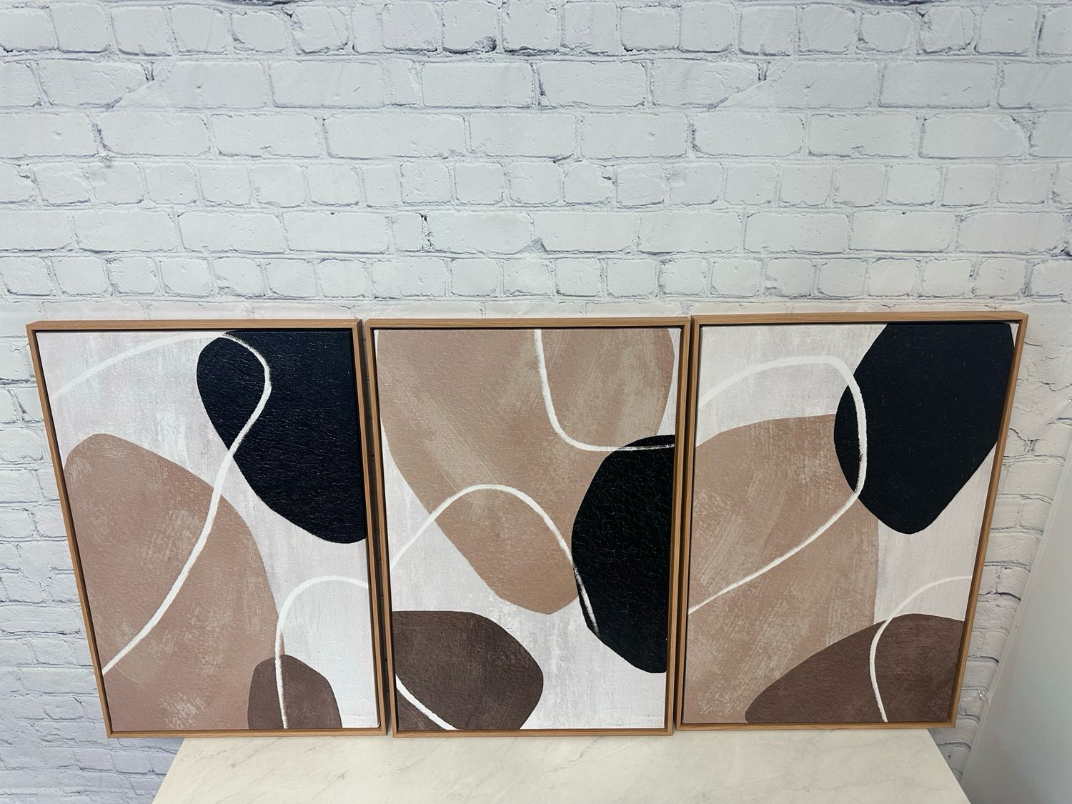 White/Beige/Black Abstract Framed Canvas - Set Of 3
