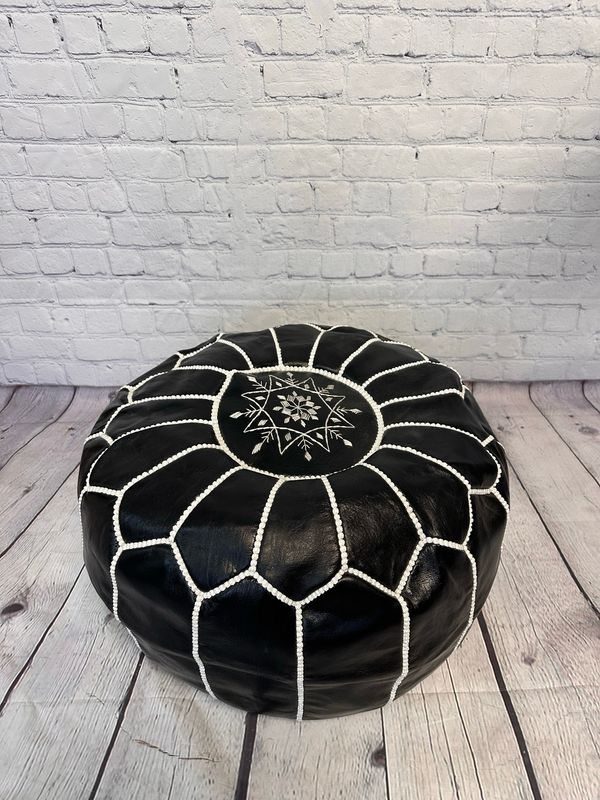 Stitched Black Leather Pouf