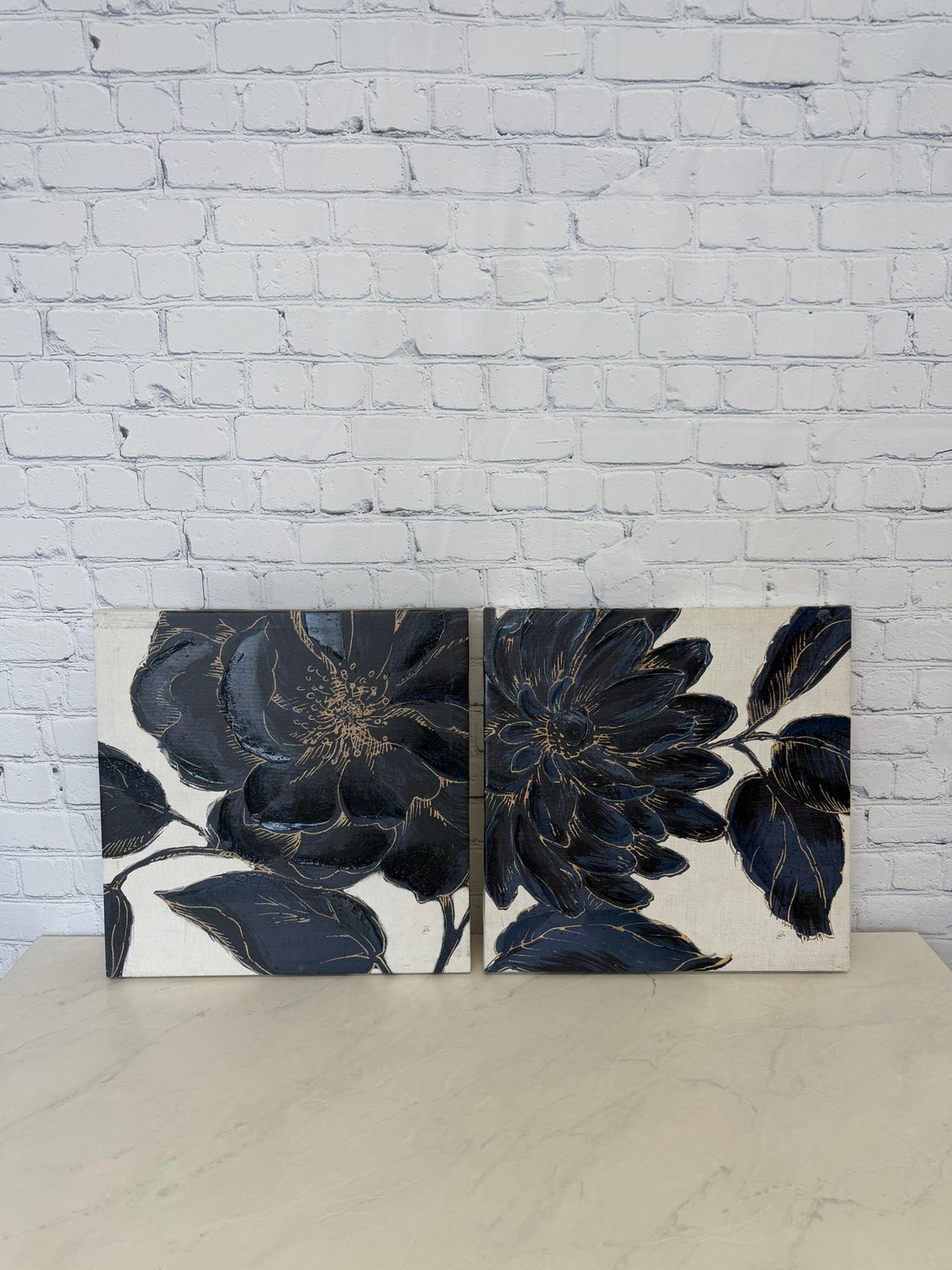 Deep Blue & Gold Flower Canvas - Set Of 2