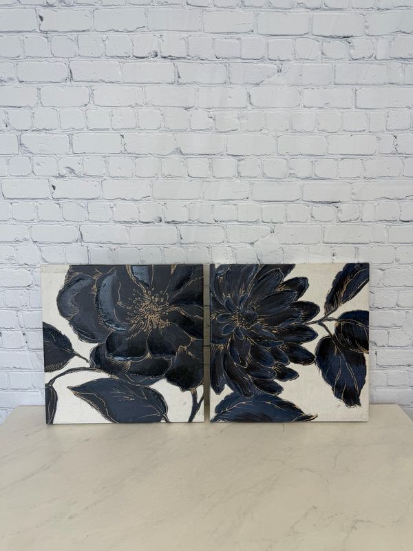 Deep Blue & Gold Flower Canvas - Set Of 2