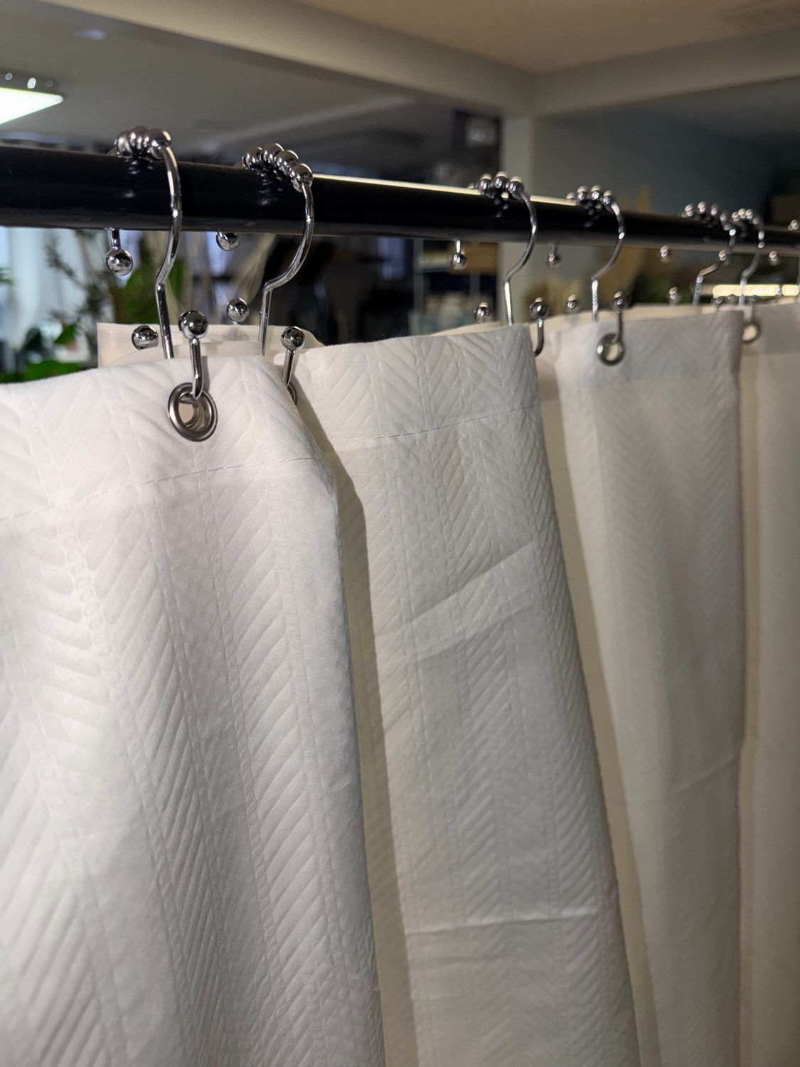 White Shower Curtain W/ Silver Hooks & Liner